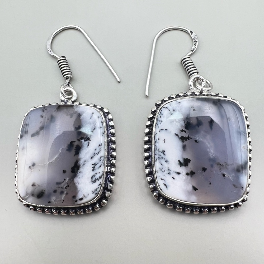 New Dendritic Opal Stone Crystal Silver Overlay Hook Earrings